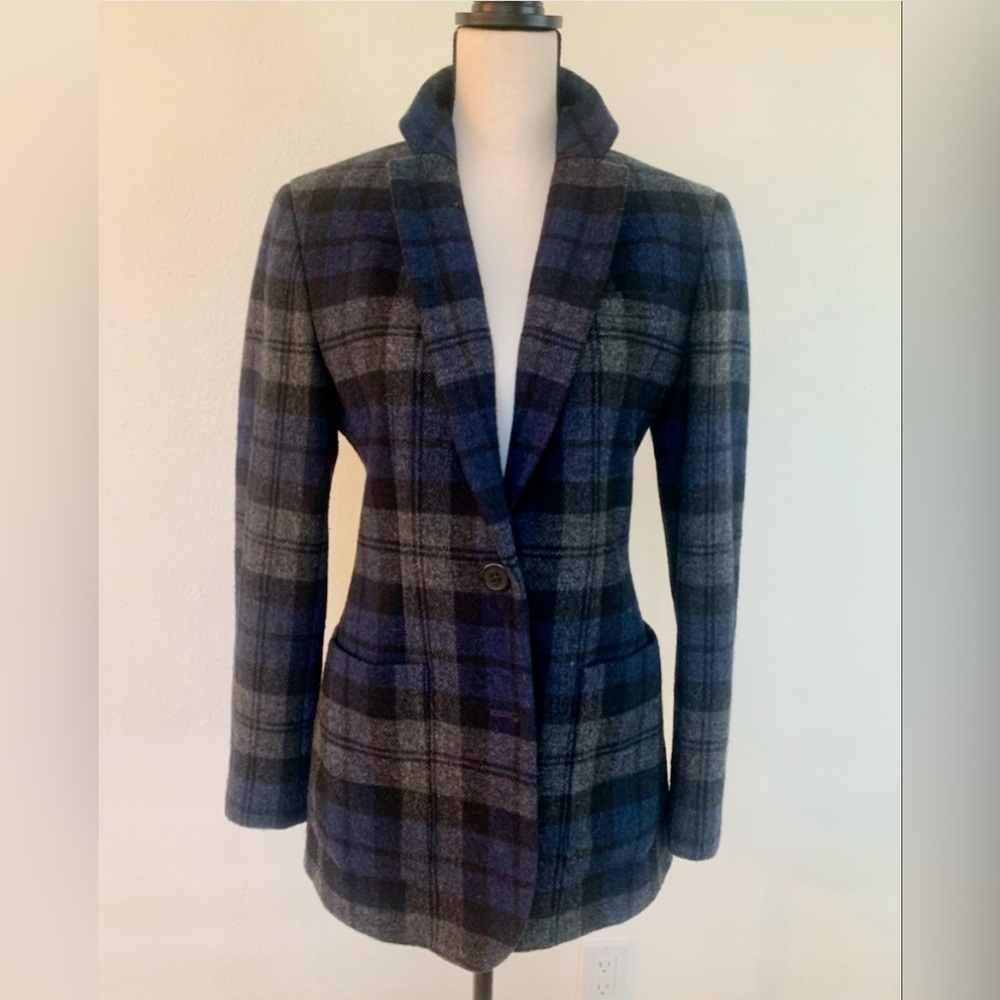 Vintage Ralph Lauren Blue and Gray Plaid Lambswool Blazer